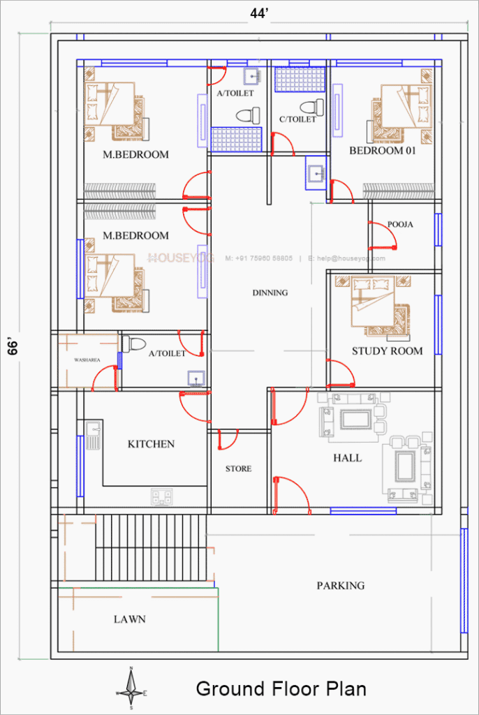 66x44 East Face House Plan