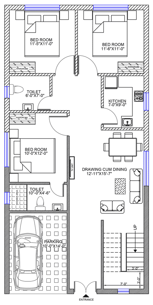 3BHK house floor plan showing room layout and dimensions