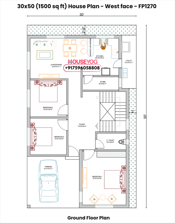 1500 sq ft plot (30×50)- comfortable size for a 3BHK
