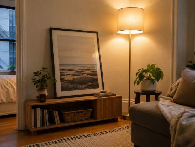 
living room with rugs and table lamp beside the sofa