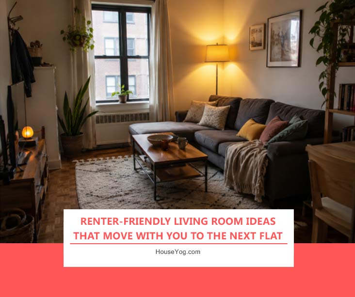 Renter-friendly living room ideas with rugs, cushions, warm lighting and portable furniture