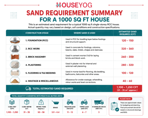 Sand Requirement Summary for a 1000 Sq Ft House