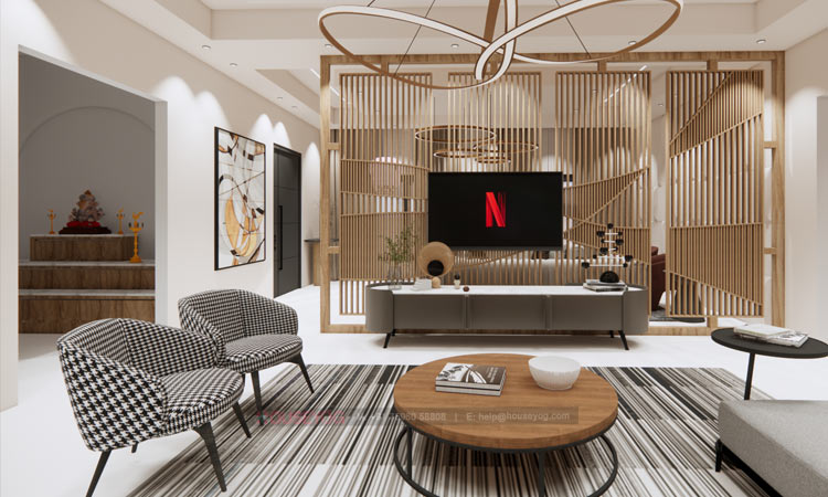Modern Living Room TV Panel with Wooden Slat Partition