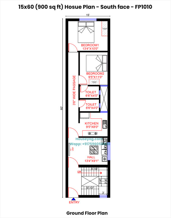 15x60 south facing house plan - 1bhk, 900 sqft, vastu compliant