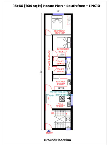 15x60 South Facing House Plan - 1BHK, 900 Sqft, Vastu Compliant