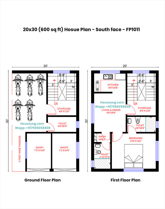 20x30 south facing 1bhk house plan (600 sqft)