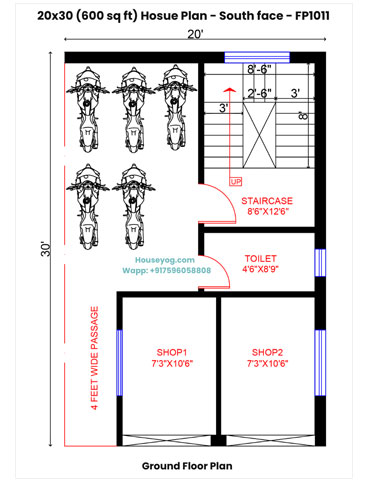 20x30 South Facing 1BHK House Plan (600 sqft)