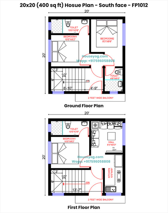 20x20 south facing house plan - 2bhk, 400 sqft (vastu compliant)