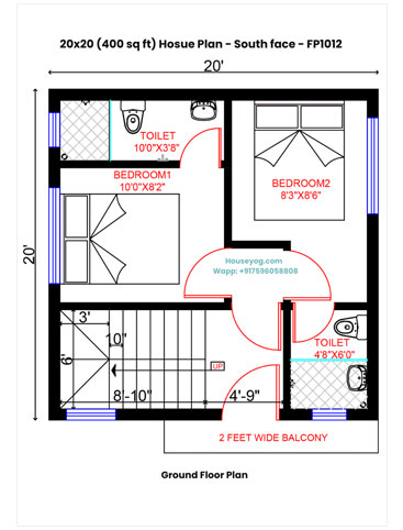 20x20 South Facing House Plan - 2BHK, 400 Sqft (Vastu Compliant)