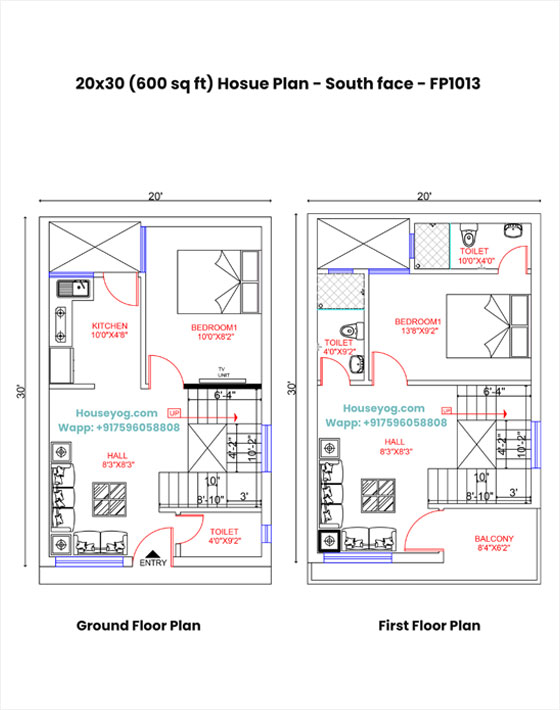 20x30 south facing house plan - 2bhk, 600 sqft (vastu compliant)