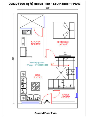 20x30 South Facing House Plan - 2BHK, 600 Sqft (Vastu Compliant)