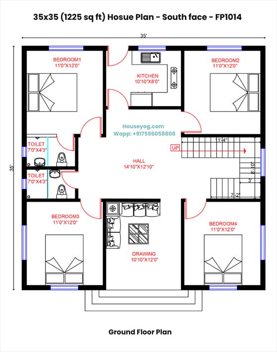 35x35 south facing house plan - smart 4 bhk design on 1225 sqft plot