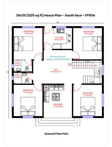 35x35 South Facing House Plan - Smart 4 BHK Design on 1225 Sqft Plot