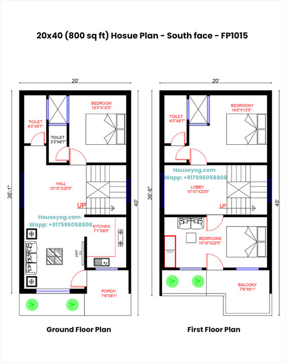 20x40 south facing house plan - 2bhk, 800 sqft (vastu compliant)