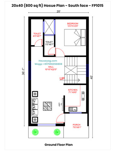 20x40 South Facing House Plan - 2BHK, 800 Sqft (Vastu Compliant)
