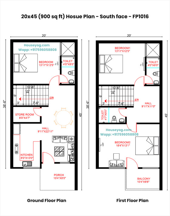 20x45 south facing house plan – smart 3 bhk design on 900 sqft plot