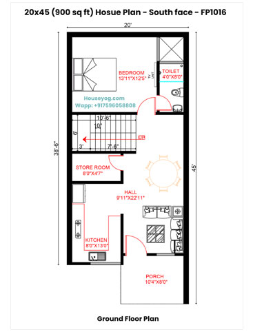 20x45 South Facing House Plan – Smart 3 BHK Design on 900 Sqft Plot