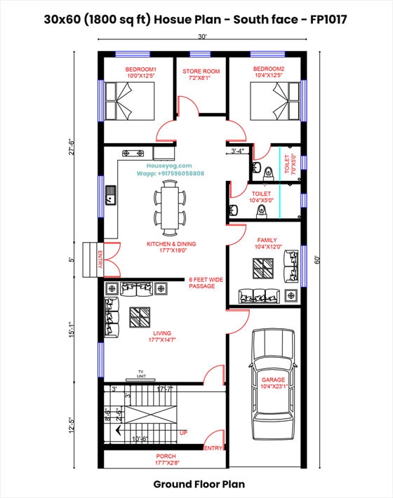 30x60 south facing house plan - 2bhk, 1800 sqft (vastu compliant)