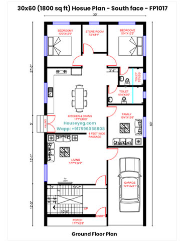 30x60 South Facing House Plan - 2BHK, 1800 Sqft (Vastu Compliant)