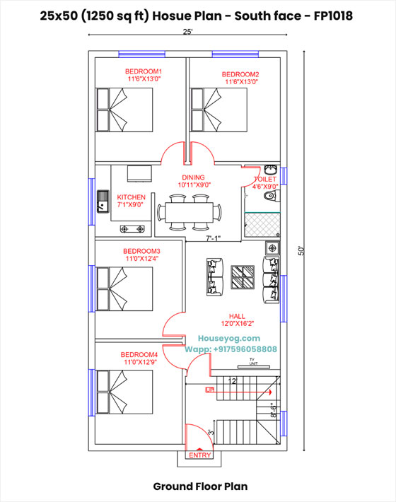 25x50 south facing house plan - 4bhk, 1250 sqft (vastu compliant)