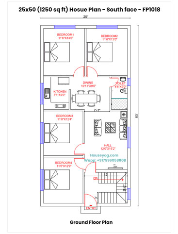 25x50 South Facing House Plan - 4BHK, 1250 Sqft (Vastu Compliant)