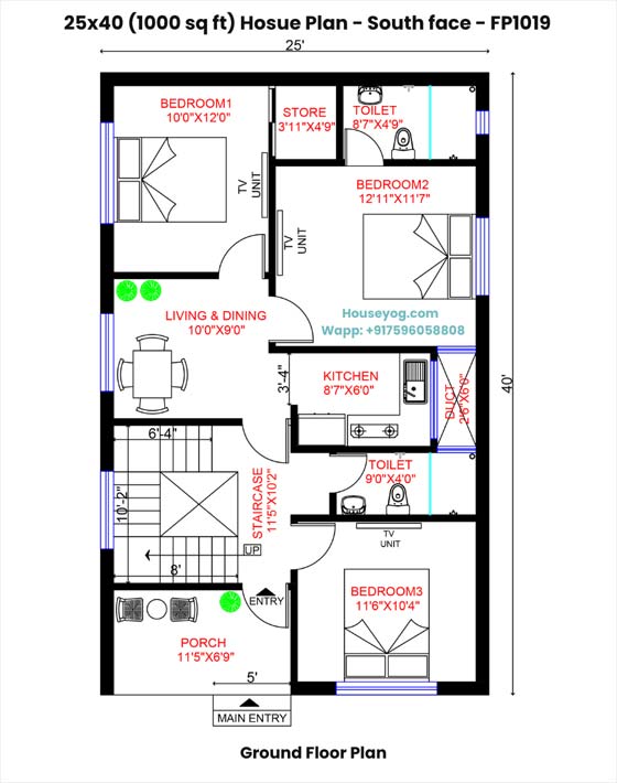 25x40 south facing house plan - 3bhk, 1000 sqft (vastu compliant)