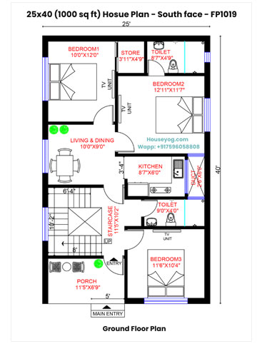 25x40 South Facing House Plan - 3BHK, 1000 Sqft (Vastu Compliant)