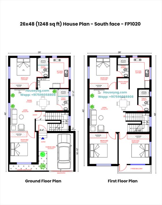 26x48 south facing house plan - 2bhk, 1248 sqft (vastu plan)