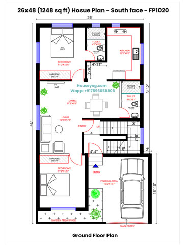 26x48 South Facing House Plan - 2BHK, 1248 Sqft (Vastu Plan)
