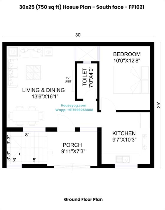 30x25 south facing house plan - 1bhk, 750 sqft (g+1)