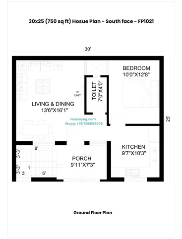 30x25 South Facing House Plan - 1BHK, 750 Sqft (G+1)