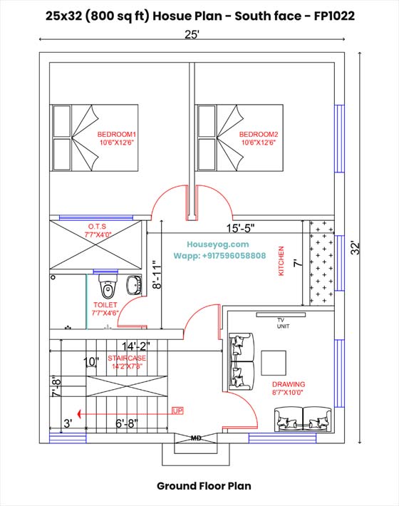 25x32 south facing house plan - 2bhk, 800 sqft (vastu compliant)