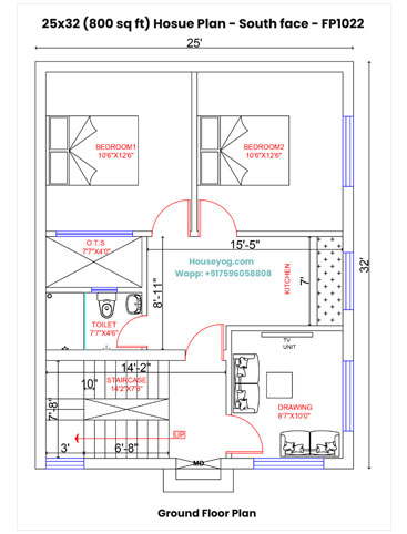 25x32 South Facing House Plan - 2BHK, 800 Sqft (Vastu Compliant)