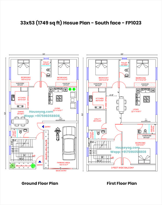 33x53 south facing house plan - 5bhk, 1749 sqft (vastu compliant)