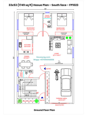 33x53 South Facing House Plan - 5BHK, 1749 Sqft (Vastu Compliant)