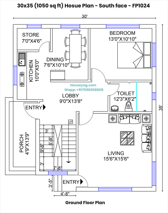 30x35 south facing house plan - 1bhk, 1050 sqft (vastu compliant)