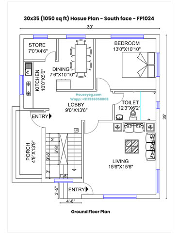 30x35 South Facing House Plan - 1BHK, 1050 Sqft (Vastu Compliant)
