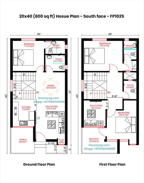 20x40 south facing house plan -3bhk, 800 sqft duplex plan