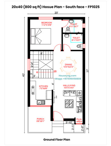 20x40 South Facing House Plan -3BHK, 800 Sqft Duplex Plan