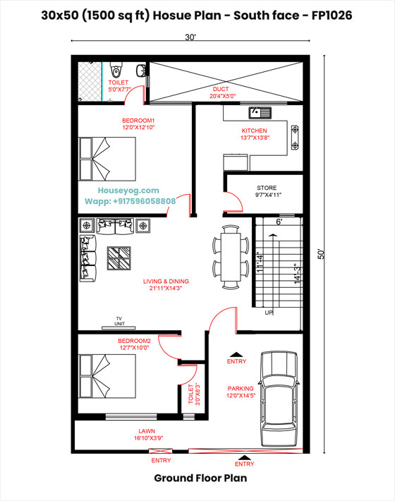 30x50 south facing house plan - 2bhk, 1500 sqft (vastu compliant)