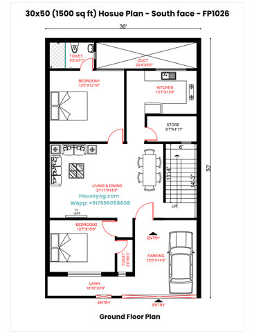 30x50 South Facing House Plan - 2BHK, 1500 Sqft (Vastu Compliant)