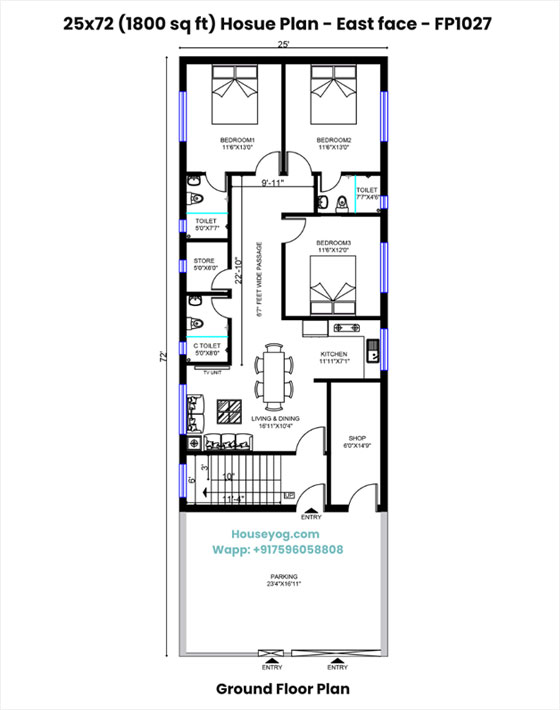 25x72 east facing 3bhk house plan - 1800 sqft village home design with parking