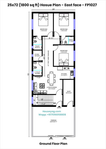25x72 East Facing 3BHK House Plan - 1800 Sqft Village Home Design with Parking