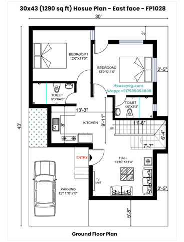 30x43 East Facing House Plan - 2 BHK 1290 Sqft with Car Parking & Garden