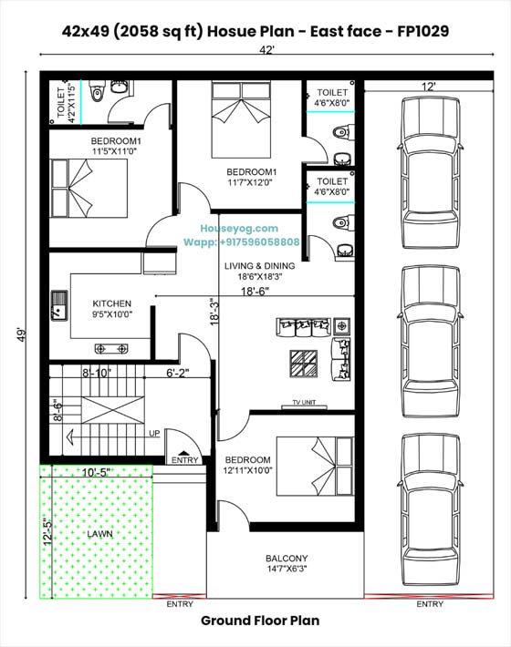 42x49 east facing house plan - 3 bhk 2058 sqft spacious house design