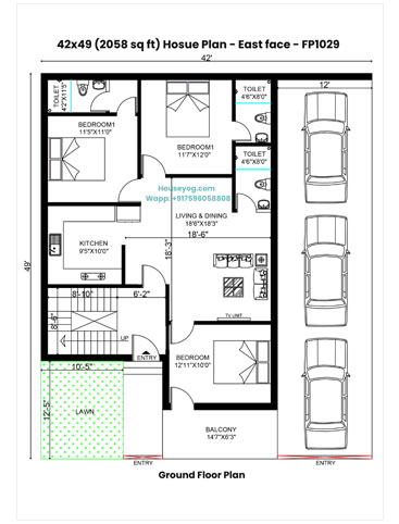 42x49 East Facing House Plan - 3 BHK 2058 Sqft Spacious House Design