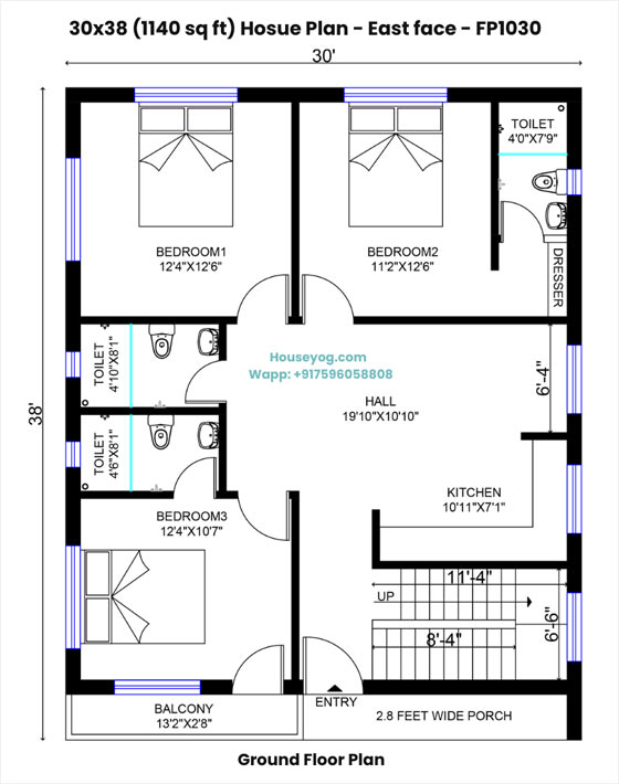 30x38 house plan - 3bed, 3 bath, east facing, village house design