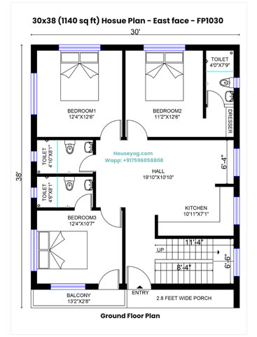 30x38 House Plan - 3Bed, 3 Bath, East Facing, Village House Design