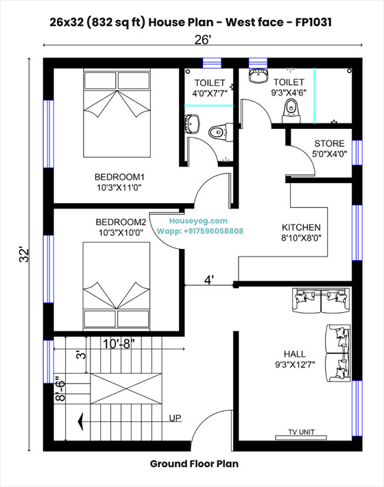 26x32 house plan - 832 sq ft west facing 2 bhk house design