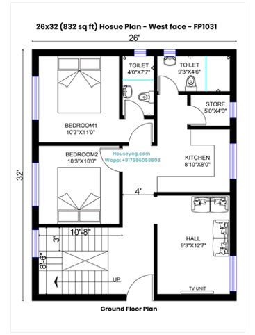 26x32 House Plan - 832 Sq Ft West facing 2 BHK House Design